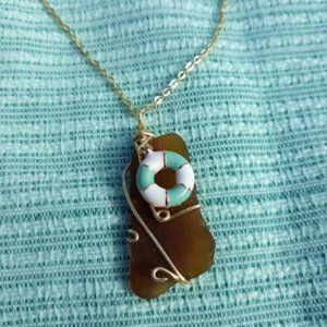 brown lifesaver beach glass necklace